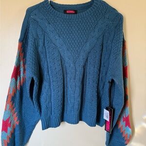 Rock&Roll Denim Teal Cable Knit Sweater with Aztec on Sleeves
